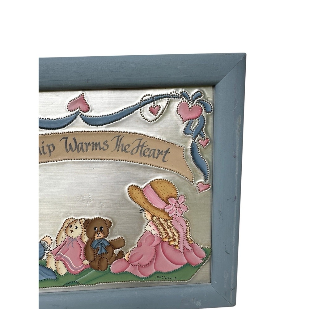 Vintage 1992 Hand Painted Tin Punched Girls Rabbit Bear Picture Signed Framed - Picture 6 of 14